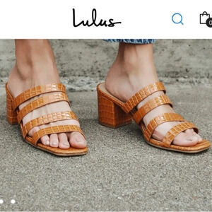 NEW Lulus Zaynie Tan Crocodile Embossed Strappy High Heel Sandal Size 8.5